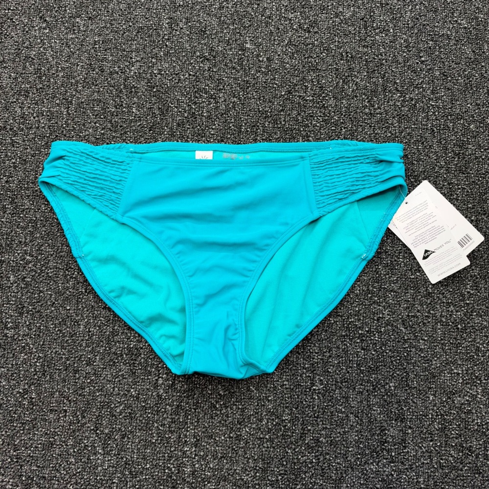 Athleta Smocked Medium Tide Bikini Bottom Women L Teal NEW vacation beach active